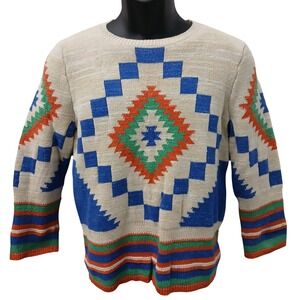 Lauren Ralph Lauren Southwestern Intarsia Knit Cotton Sweater Blue Orange Medium